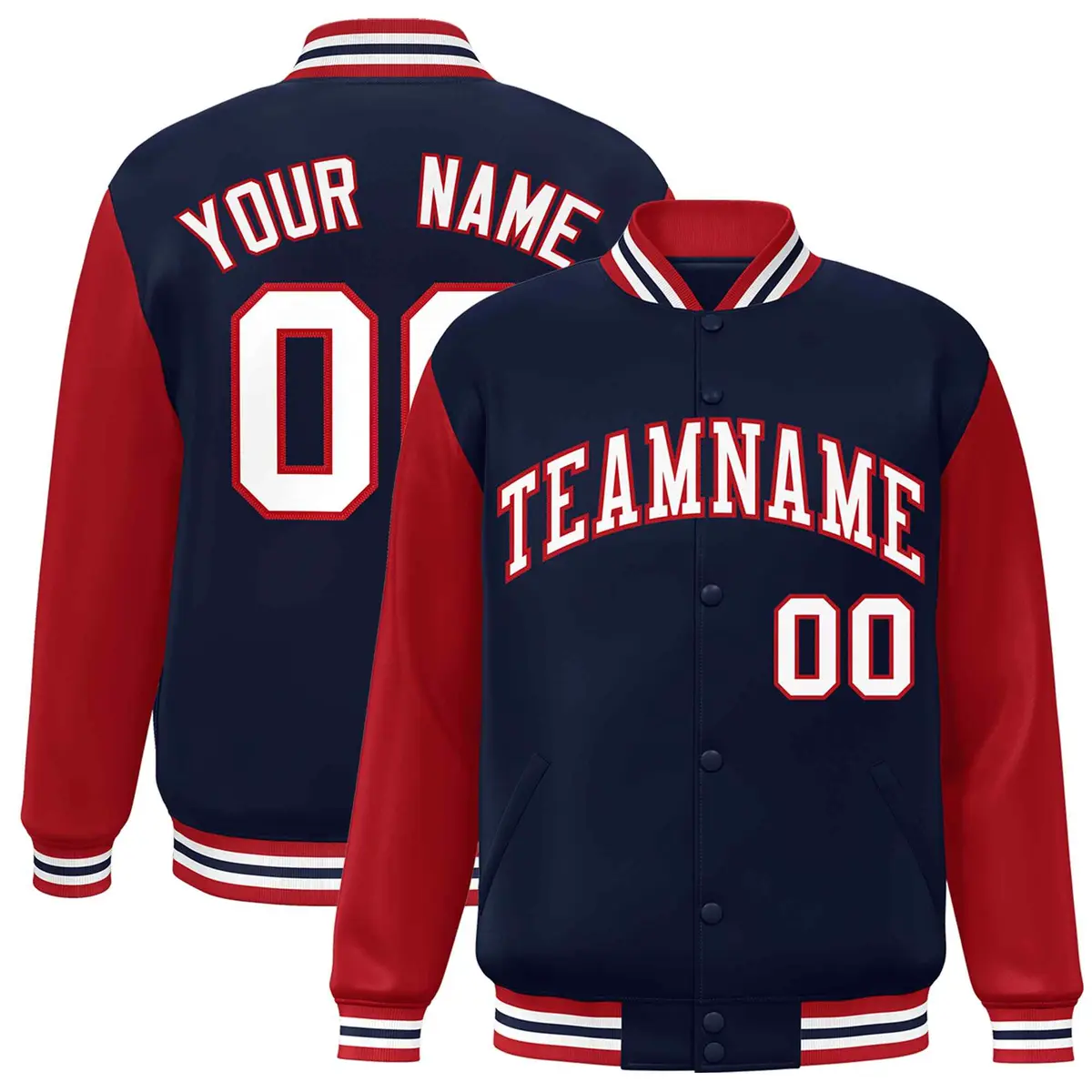 Navy White-Red Raglan Varsity Full-Snap Letterman Jacket