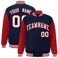 Navy White-Red Raglan Varsity Full-Snap Letterman Jacket