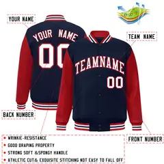 Navy White-Red Raglan Varsity Full-Snap Letterman Jacket 2