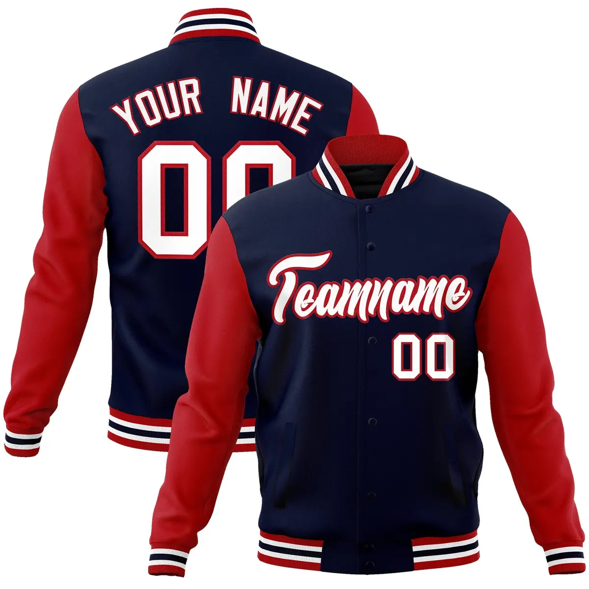 Navy White-Red Raglan Varsity Full-Snap Letterman Jacket