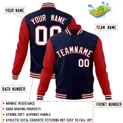 Navy White-Red Raglan Varsity Full-Snap Letterman Jacket 4