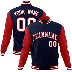 Navy White-Red Raglan Varsity Full-Snap Letterman Jacket