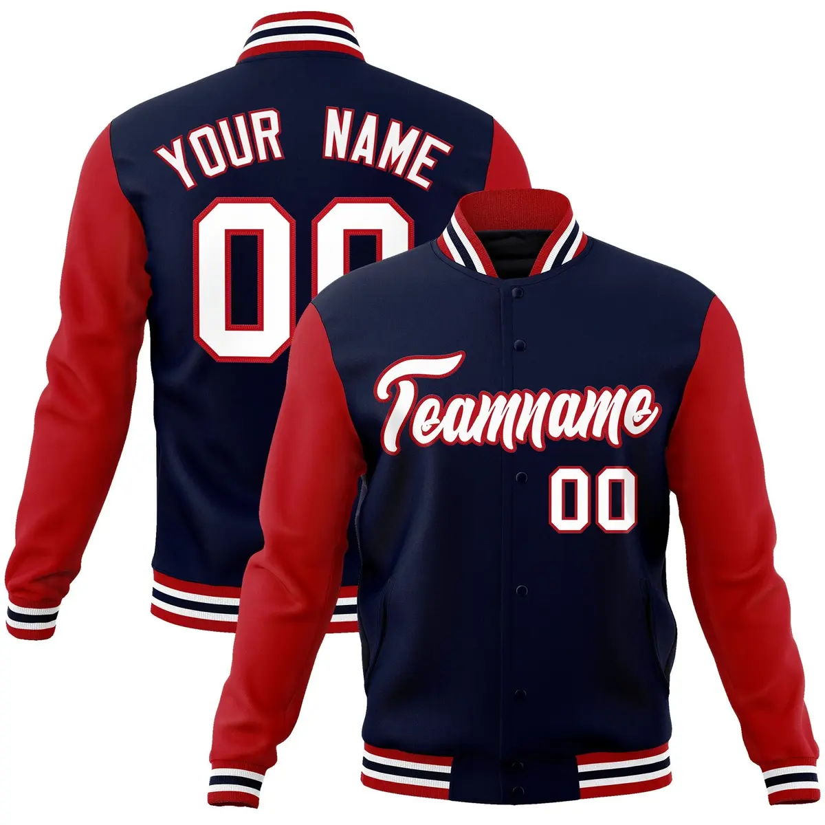 Navy White-Red Raglan Varsity Full-Snap Letterman Jacket