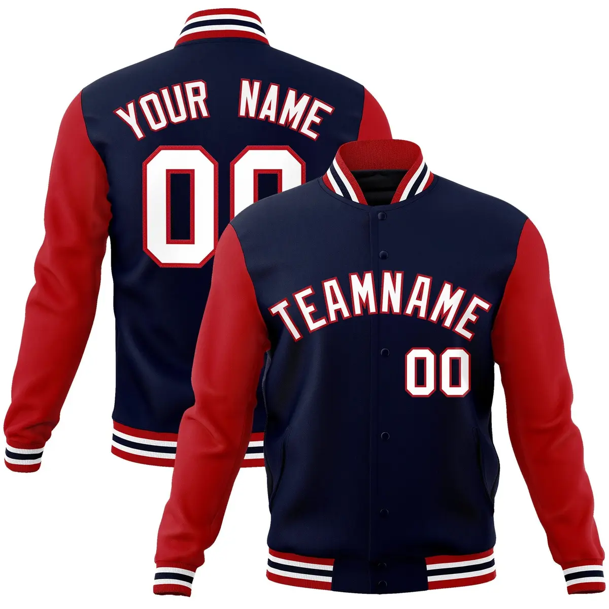 Navy White-Red Raglan Varsity Full-Snap Letterman Jacket