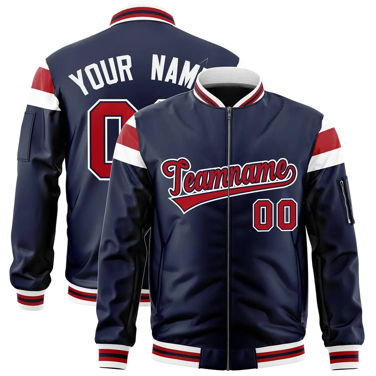 Navy White-Red Shoulder Block Varsity Letterman Bomber Jacket
