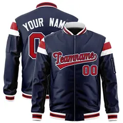 Navy White-Red Shoulder Block Varsity Letterman Bomber Jacket 1