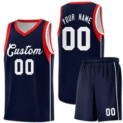 Navy White-Red Sleeve Color Blocking Basketball Jersey