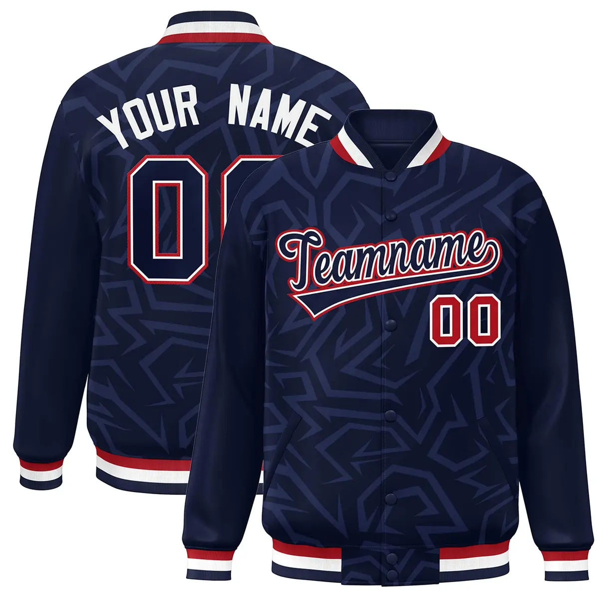 Navy White-Red Stripe Graffiti Pattern Varsity Full-Snap Jacket