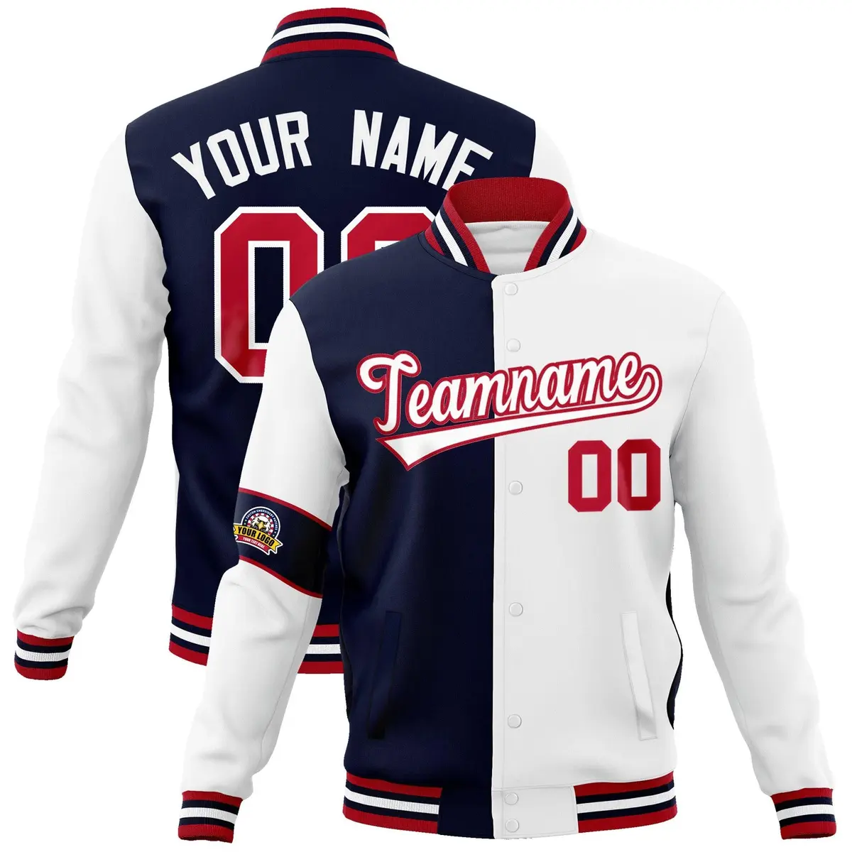 Navy White-Red Two Tone Full-Snap Letterman Varsity Jacket