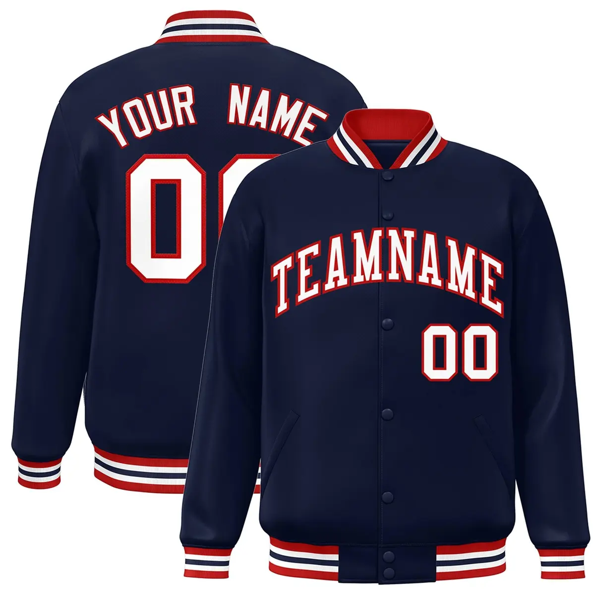 Navy White-Red Two Tone Letterman Varsity Full-Snap Jacket