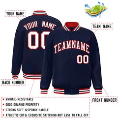 Navy White-Red Two Tone Letterman Varsity Full-Snap Jacket 2