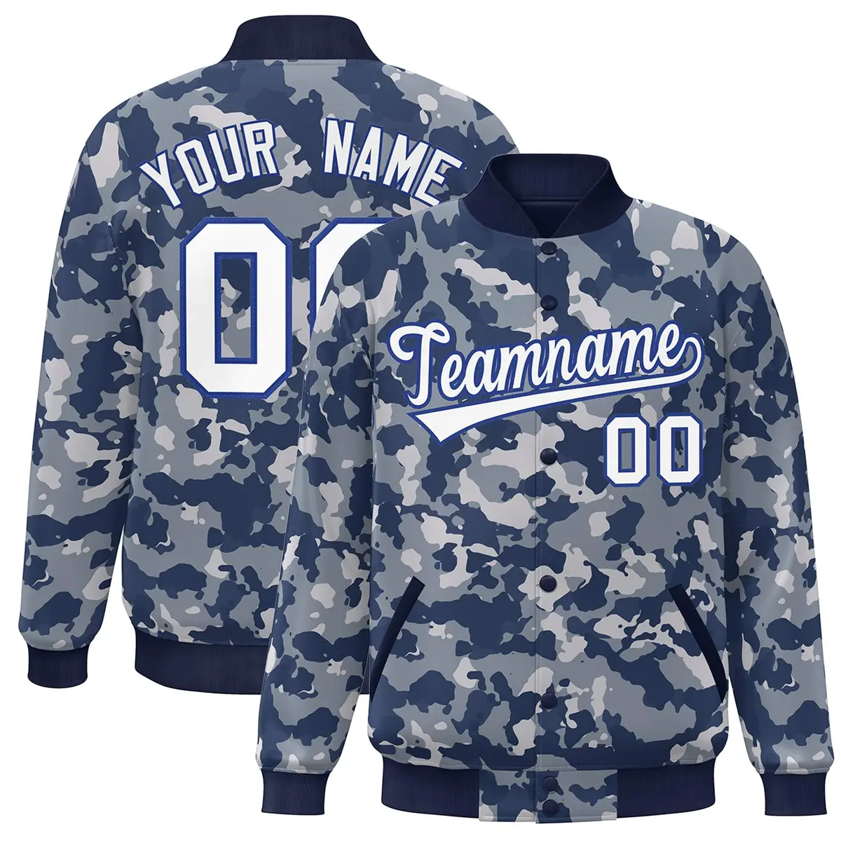 Navy White-Royal Camo Varsity Letterman Bomber Jacket