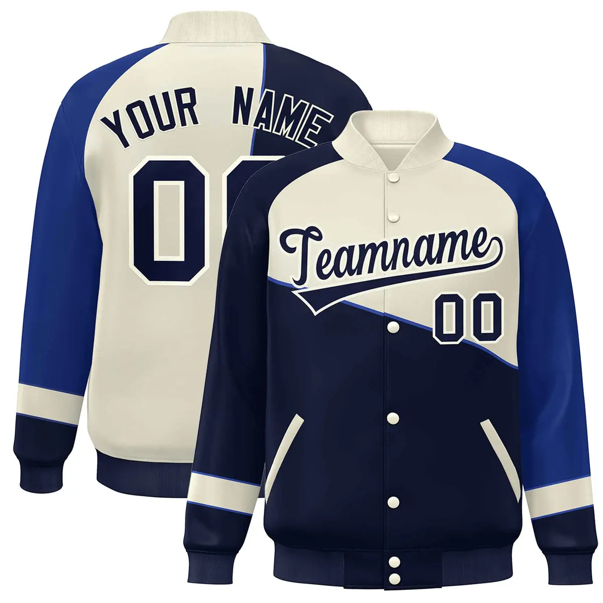 Navy White-Royal Color Block Varsity Full-Snap Bomber Baseball Jacket