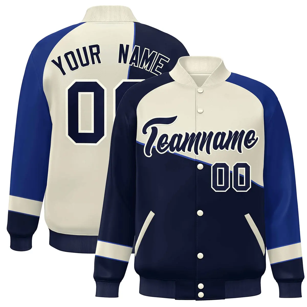 Navy White-Royal Color Block Varsity Full-Snap Bomber Baseball Jacket