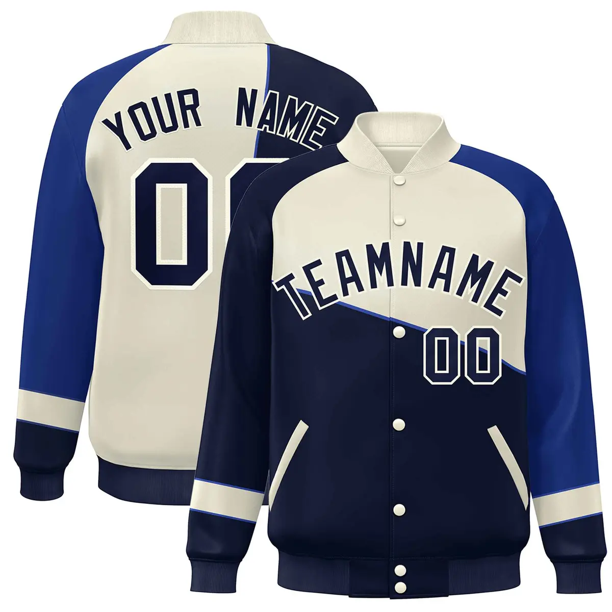 Navy White-Royal Color Block Varsity Full-Snap Bomber Baseball Jacket