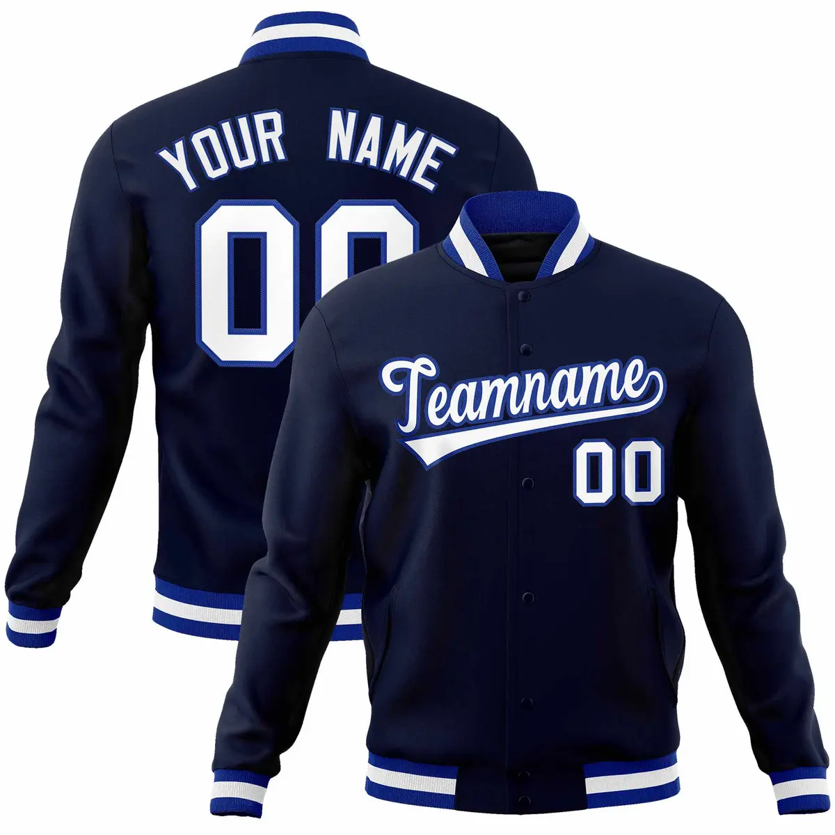 Navy White-Royal Full-Snap Varsity Letterman Jacket