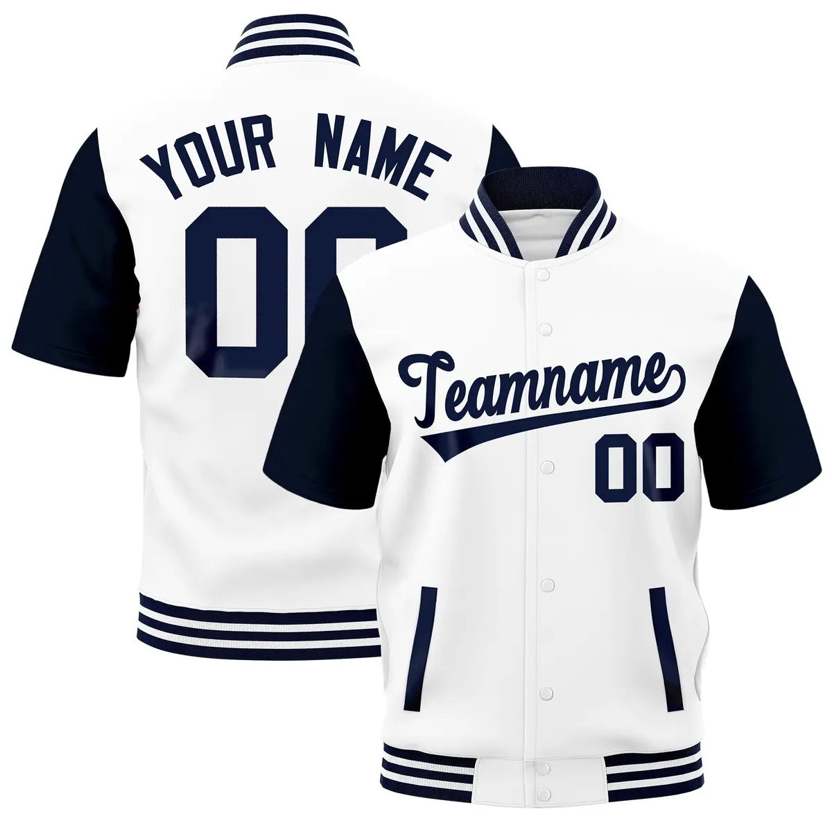 Navy White Short Sleeve Full-Snap Varsity Jacket