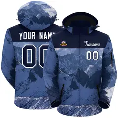 Navy White Snow Mountain Graffiti Hooded Waterproof Jacket