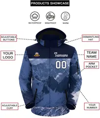 Navy White Snow Mountain Graffiti Hooded Waterproof Jacket 2