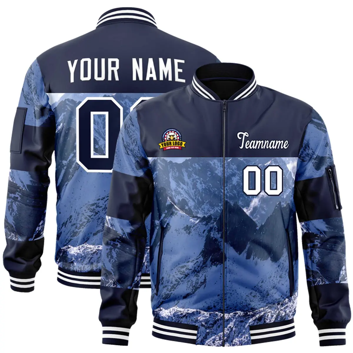 Navy White Snow Mountain Varsity Letterman Bomber Jacket