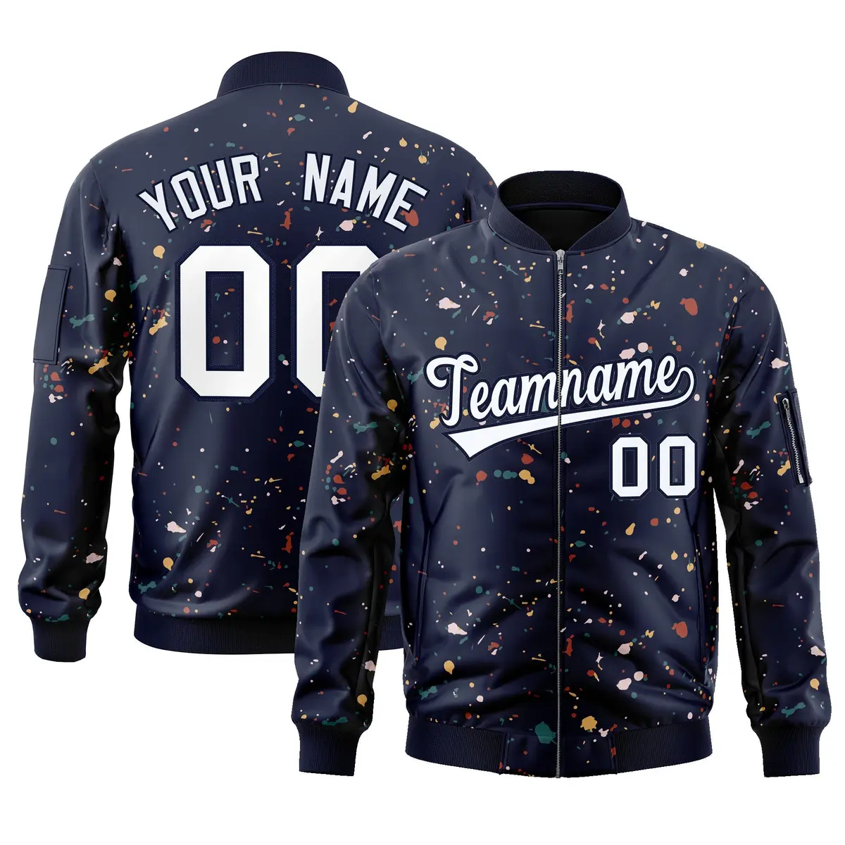 Navy White Splash Graffiti Varsity Full-Zip Letterman Jacket