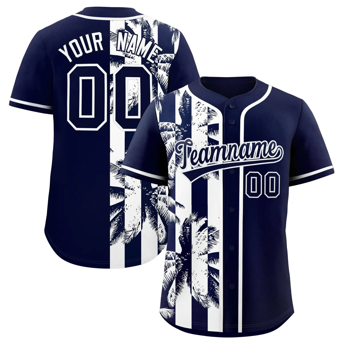 Navy White Split Coconut Tree Design Baseball Jersey