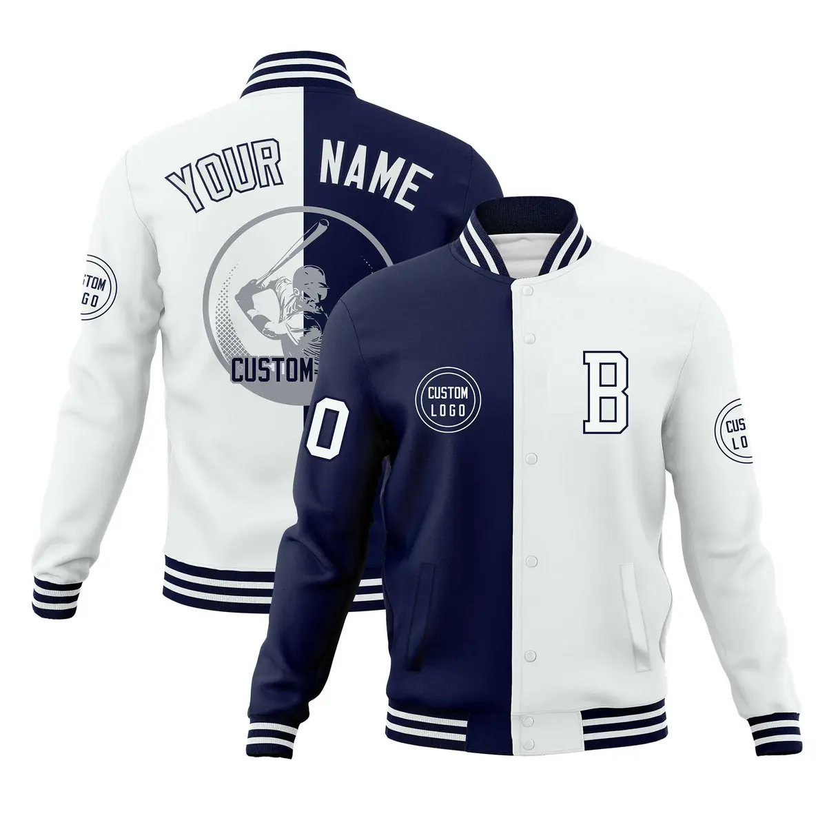 Navy White Split Letterman Full-Snap Varsity Baseball Jacket