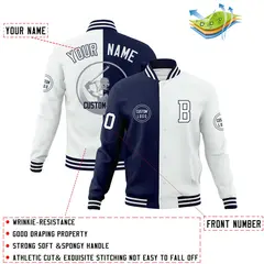 Navy White Split Letterman Full-Snap Varsity Baseball Jacket 4