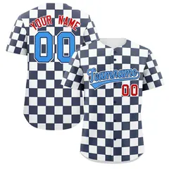Navy White Square Grid Color Block Baseball Jersey