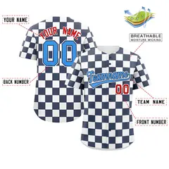 Navy White Square Grid Color Block Baseball Jersey 2