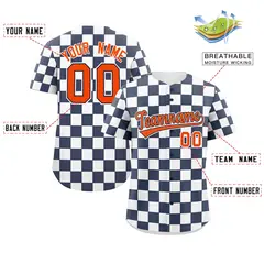 Navy White Square Grid Color Block Baseball Jersey 2