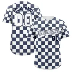 Navy White Square Grid Color Block Baseball Jersey 1