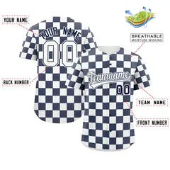 Navy White Square Grid Color Block Baseball Jersey 2