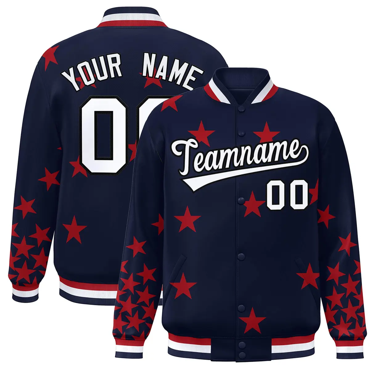 Navy White Star Graffiti Varsity Full-Snap Bomber Jacket
