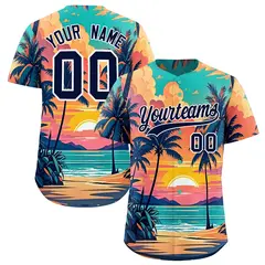 Navy White Sunset Hawaiian Graffiti Palm Tree Baseball Jersey