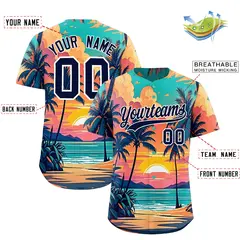 Navy White Sunset Hawaiian Graffiti Palm Tree Baseball Jersey 2