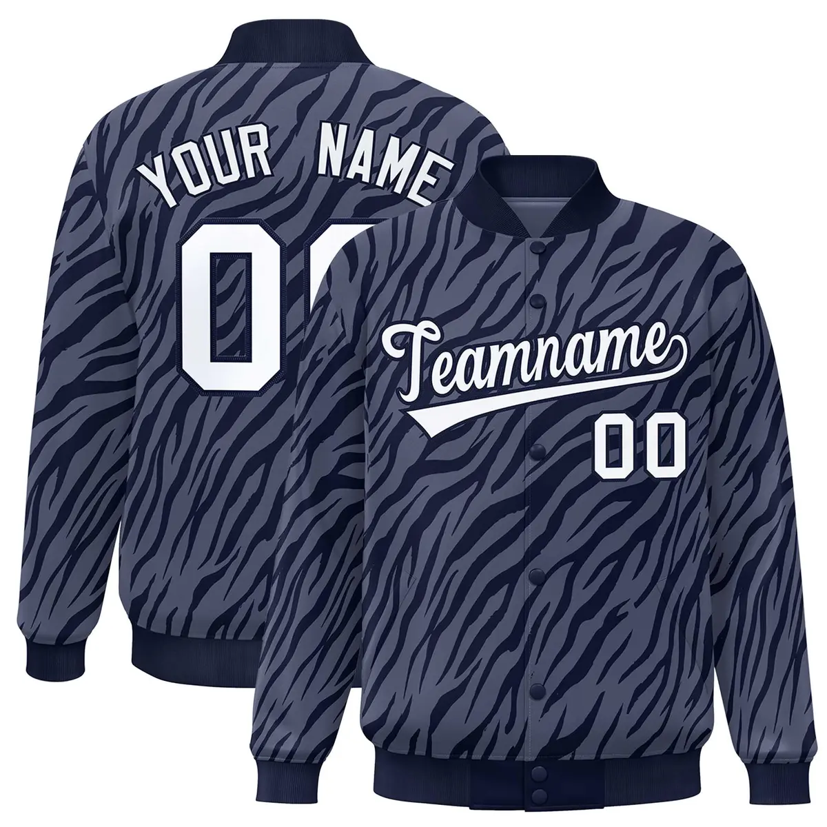 Navy White Tiger Stripes Graffiti Bomber Varsity Jacket