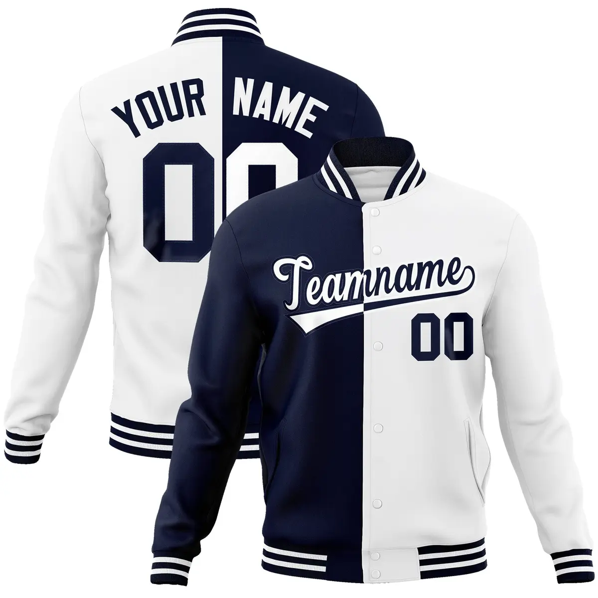 Navy White Two Tone Split Full-Snap Varsity Letterman Jacket
