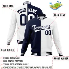 Navy White Two Tone Split Full-Snap Varsity Letterman Jacket 4