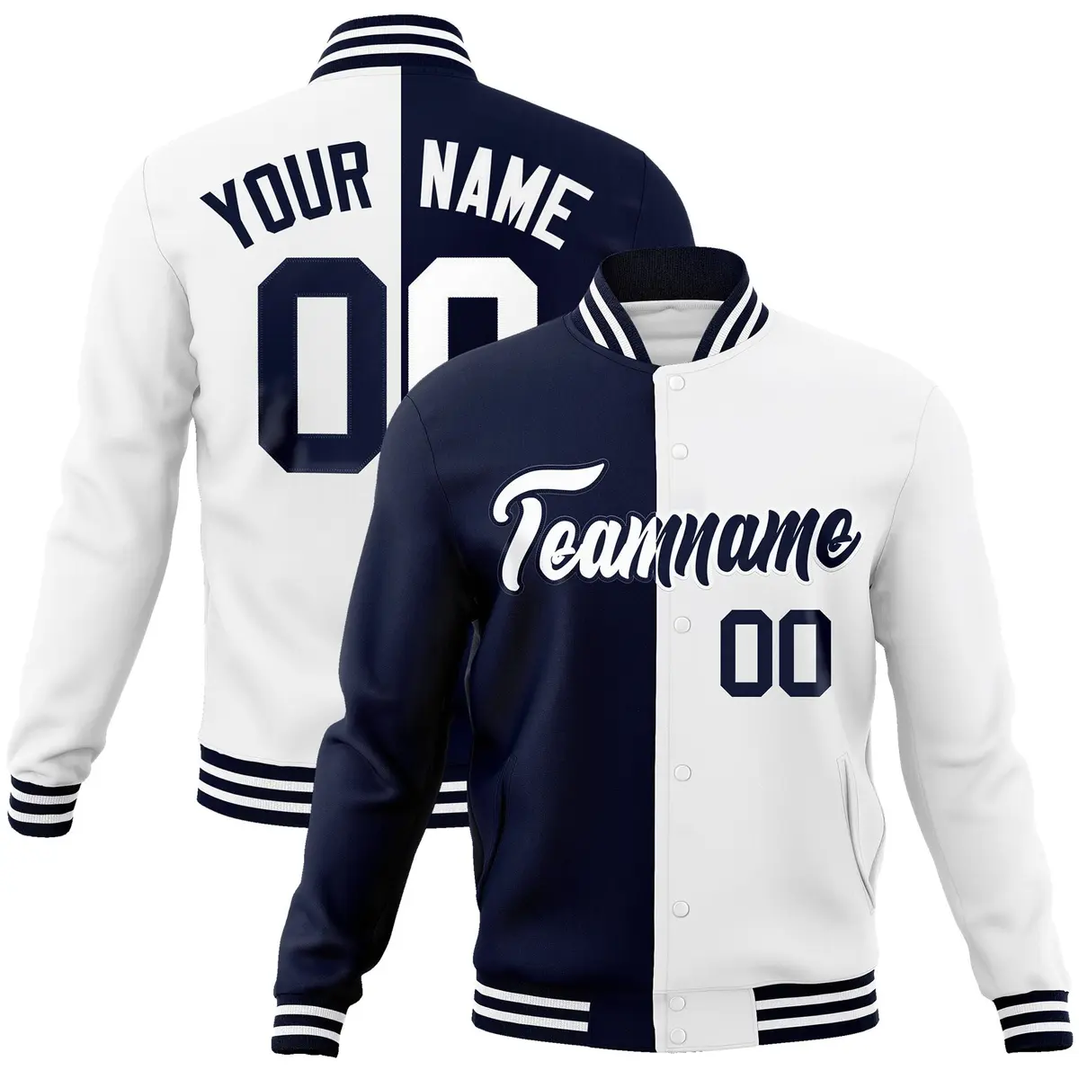 Navy White Two Tone Split Full-Snap Varsity Letterman Jacket