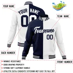Navy White Two Tone Split Full-Snap Varsity Letterman Jacket 4