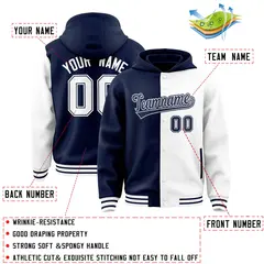 Navy White Two Tone Split Varsity Full-Snap Letterman Jacket Hoodie 4
