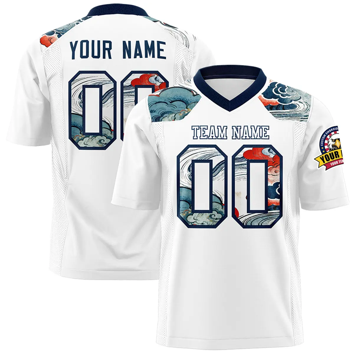Navy White Ukiyo-e Auspicious Clouds Graffiti Football Jersey