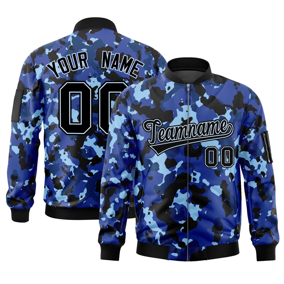 Navy White Varsity Full-Zip Camo Letterman Bomber Jacket