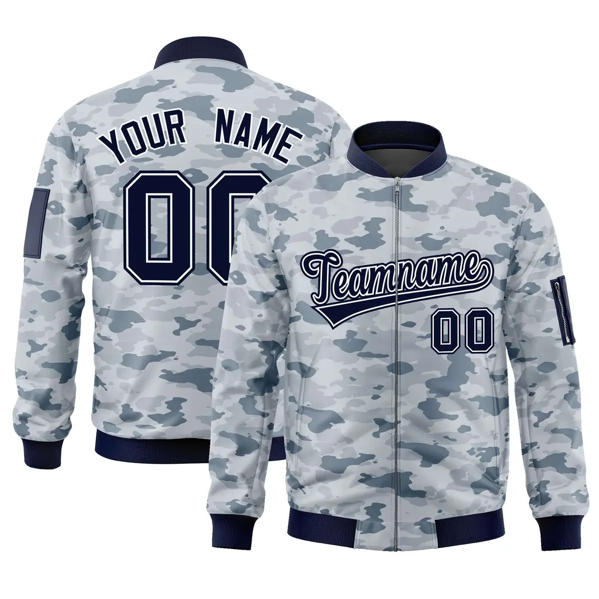 Navy White Varsity Full-Zip Camo Letterman Bomber Jacket