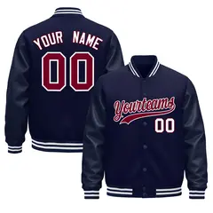 Navy White Varsity Jacket with Leather Sleeves Wrinkle-Resistant 1