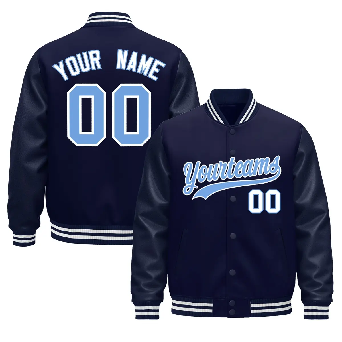Navy White Varsity Jacket with Leather Sleeves Wrinkle-Resistant