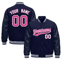 Navy White Varsity Jacket with Leather Sleeves Wrinkle-Resistant 1