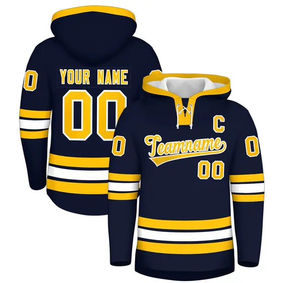 Navy White Wrinkle-Resistant Lace-Up Neck Hockey Hoodie
