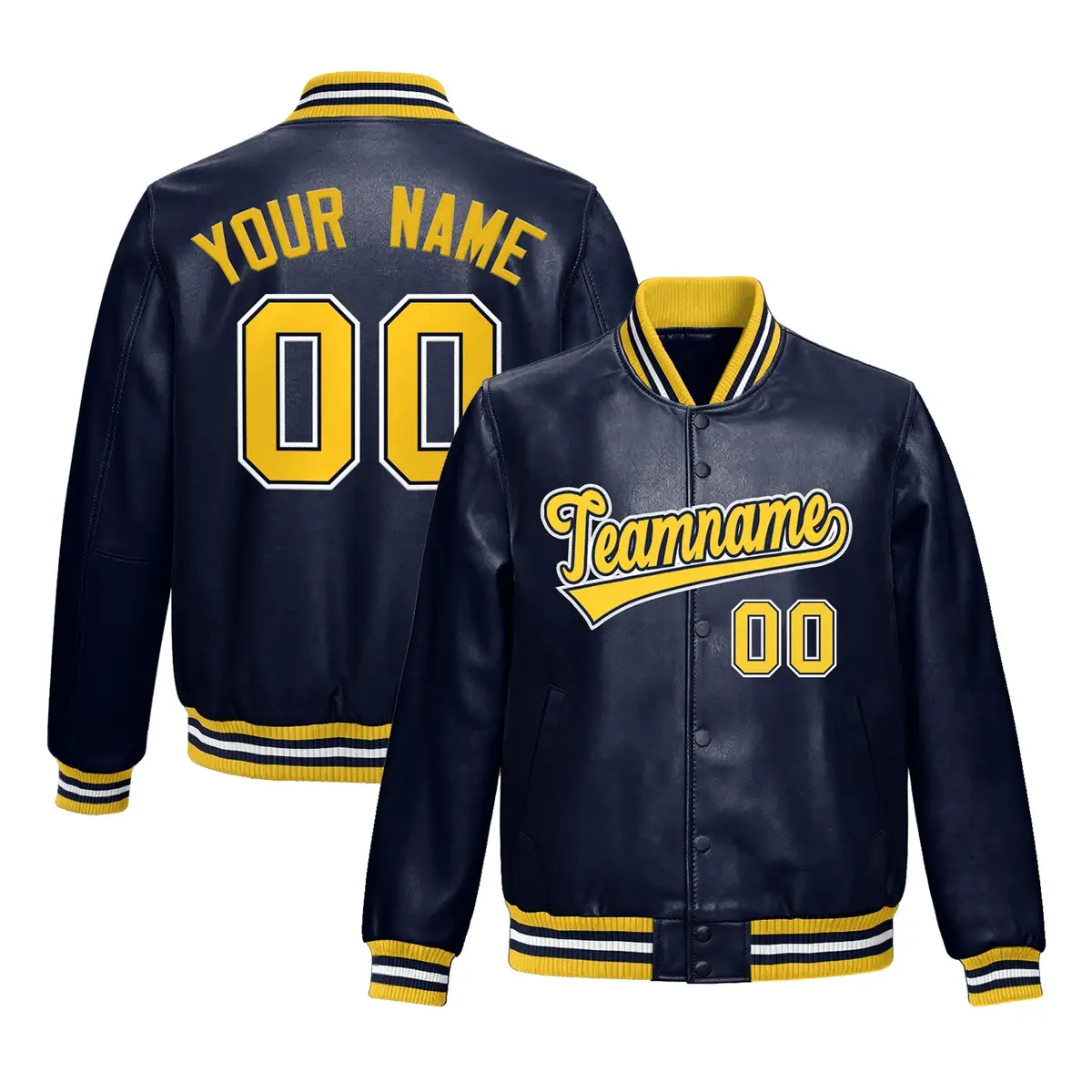 Navy Yellow Faux Leather Letterman Jacket Full-Snap Varsity